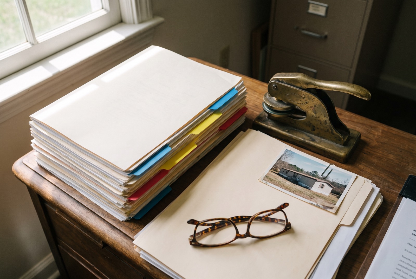 A title officer's desk with a stack of documents, a notary seal and reading glasses