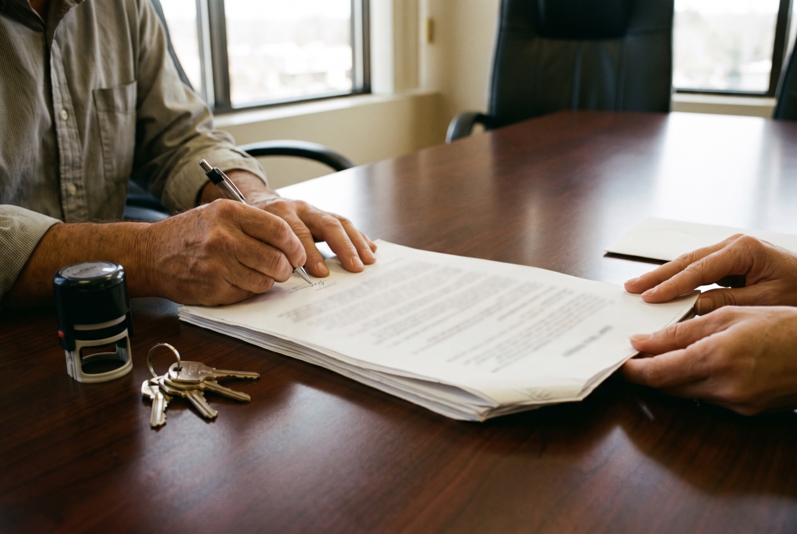 Hands signing documents at a table beside house keys and a notary stamp