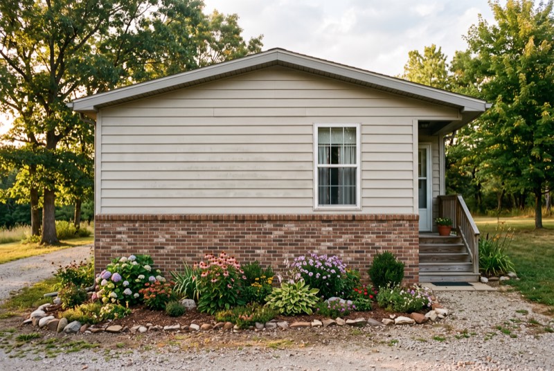 The end of a manufactured home with continuous brick skirting where the towing hitch was removed